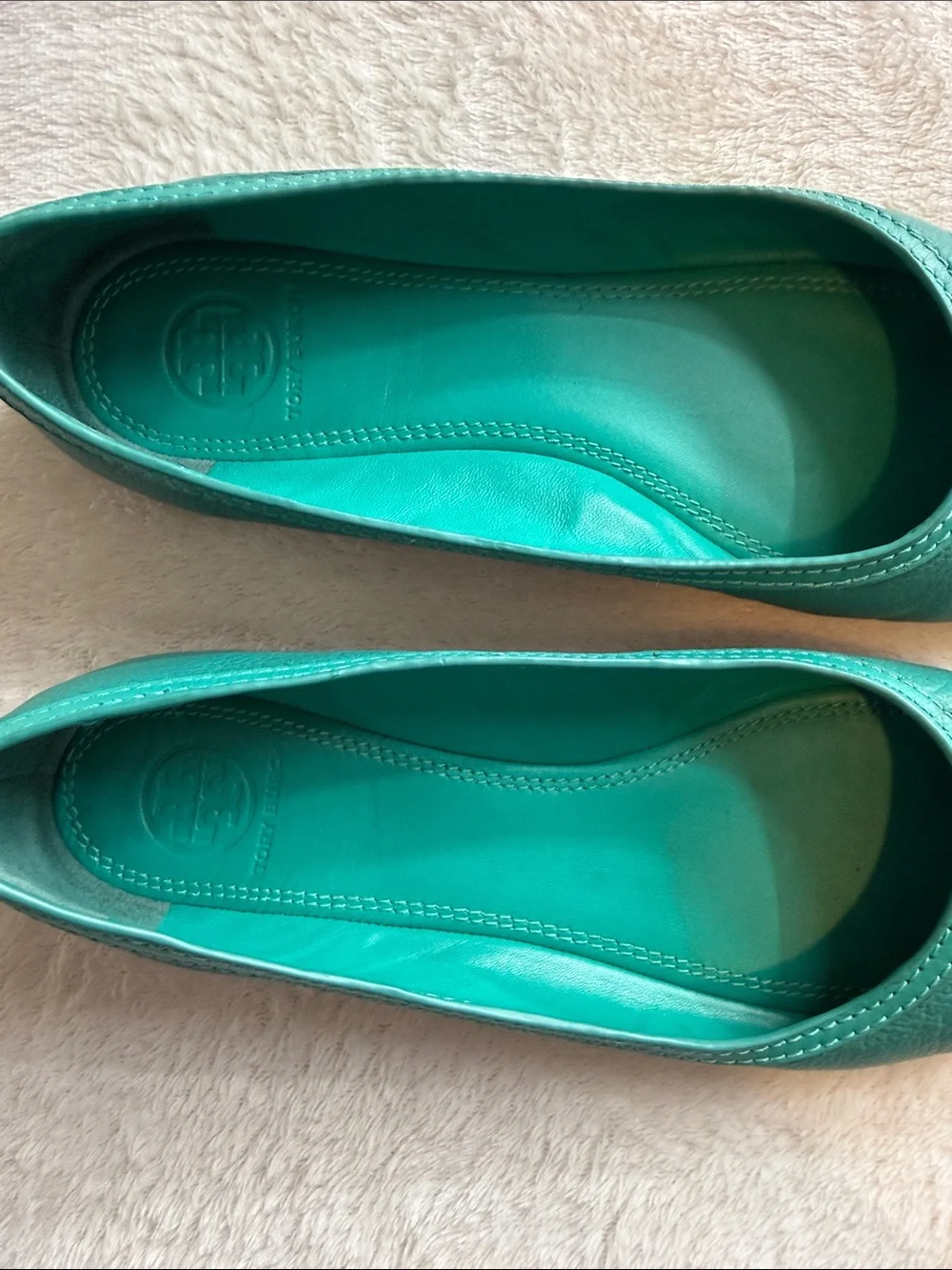 Tory Burch Turquoise Teal Leather Logo Ballet Flats Size 8
